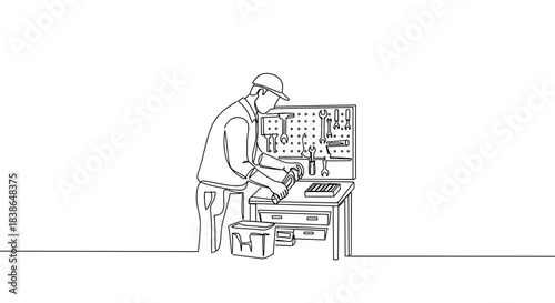Line drawing of a person working at a furniture workshop table, crafting wood pieces and organizing tools on a transparent background