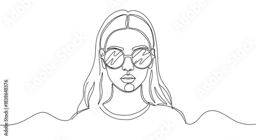 Line drawing of a young woman with long hair and sunglasses, confidently posing with a casual outfit in a minimalist style on a transparent background.