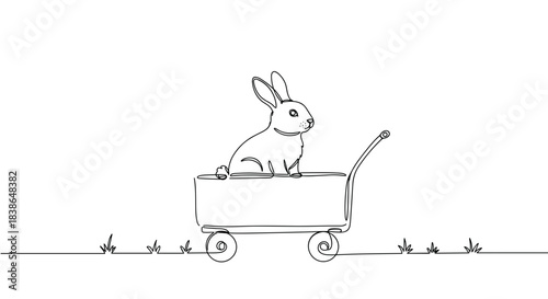 Line drawing of a cute rabbit sitting in a small wagon with wheels, in a whimsical outdoor setting, detailed and playful illustration on a transparent background
