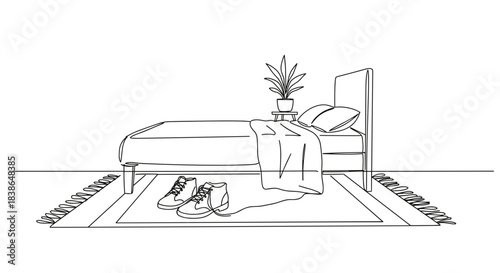 Line drawing of a cozy bedroom interior featuring a neatly made bed with pillows, a decorative plant on the bedside table, and slippers on a rug, on a transparent background