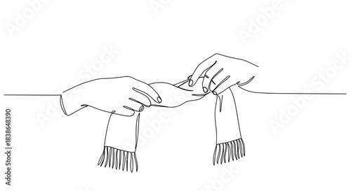 Line drawing of two hands knitting a scarf on a plain white background showing intricate details of the knitting process and the texture of the yarn