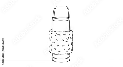 Line drawing of a thermal flask with a knitted sleeve, isolated on a transparent background, showcasing its cylindrical shape and practical design for outdoor use.