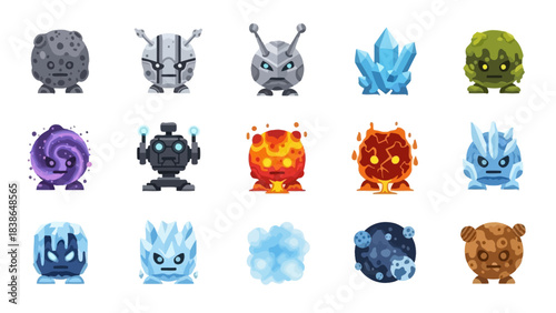 Collection of cartoon game character sprites representing different elements and creatures