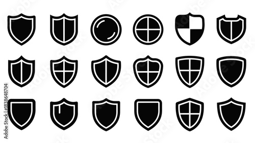 Collection of diverse shield icons representing security and protection in a modern graphic style