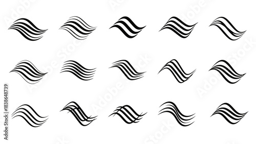 Collection of flowing abstract wave patterns in black and white, ideal for minimalist graphic