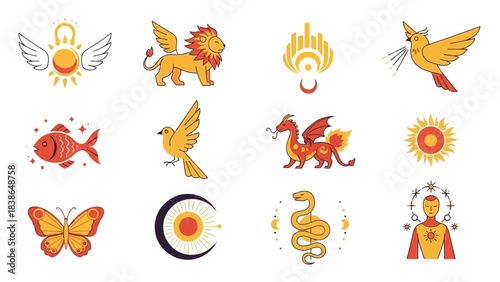 Collection of Esoteric Mystical and Celestial Spiritual Symbols and Mythological Creatures Flat