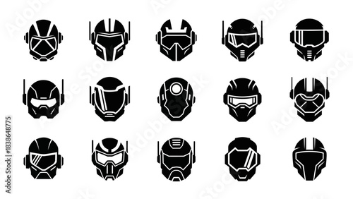 Collection of futuristic sci-fi robot and superhero helmet icons depicting technological headwear