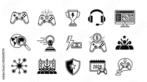 collection of gaming and technology icons with gaming controllers computers and trophies