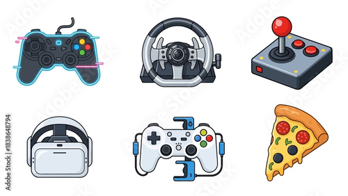 Collection of gaming controllers, a steering wheel, joystick, vr headset, and pizza slice for