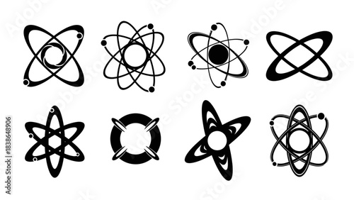 collection of stylized atom symbols representing science and technology with modern design