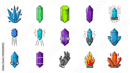 Collection of stylized crystal and gem icons with futuristic and natural designs
