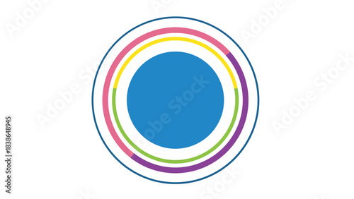 Abstract Colorful Rings Orbiting A Blue Circle With White Outline On Black Background