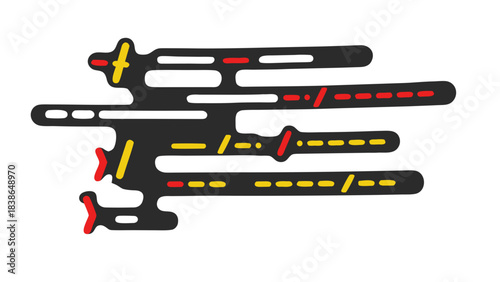 Abstract Dark Gray Shapes with Red and Yellow Lines and Dashes on Black Background Suggesting Data or Code Flow