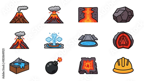 Comprehensive Set of Geological and Volcanic Activity Icons Representing Earth Science Phenomena
