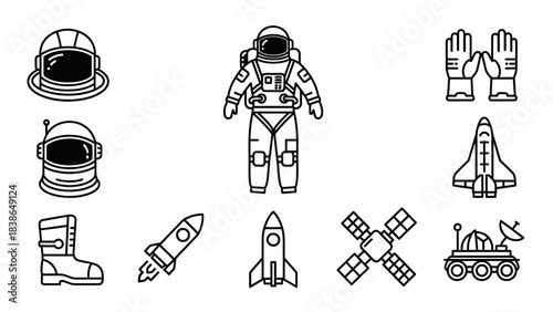 Comprehensive set of black and white line icons depicting various elements of space exploration