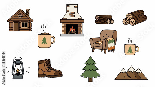 Cozy Winter Elements Collection: Cabin, Fireplace, Warm Drinks, and Outdoor Essentials for a