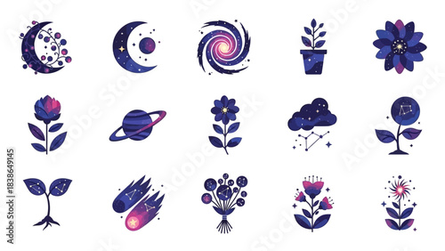 Cosmic and Celestial Botanical Illustrations Featuring Planets Flowers and Galaxies