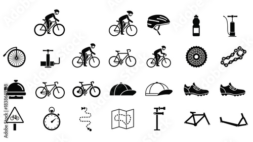 Cycling equipment and accessories collection for sport and recreation minimalist design