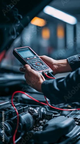 Mechanic using diagnostic scanner on modern car engine.