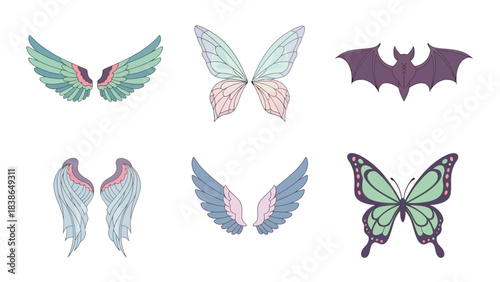 Diverse collection of whimsical fantasy and nature-inspired wing vector illustrations in soft