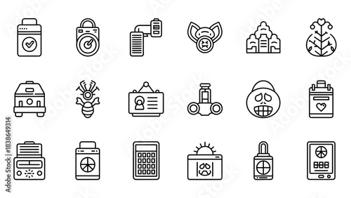 Diverse collection of outline icons representing modern concepts and everyday objects for digital