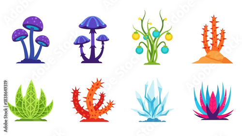 Diverse collection of whimsical fantasy flora and vibrant alien plants illustrations