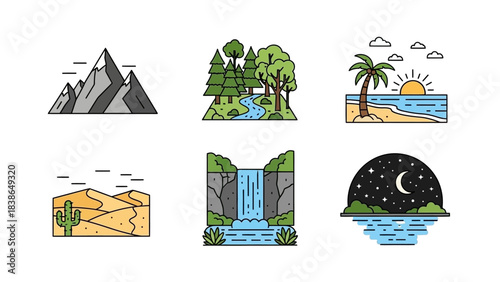 Diverse nature landscapes and weather in a minimalist flat line art style set of icons