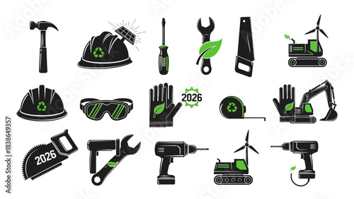 Eco-friendly construction and industry tools set with sustainable energy symbols for a greener