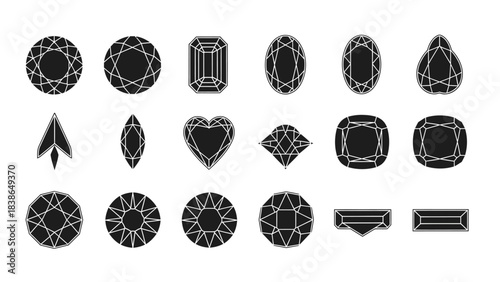 Elegant vector illustration showcasing a comprehensive collection of diverse gemstone cuts and