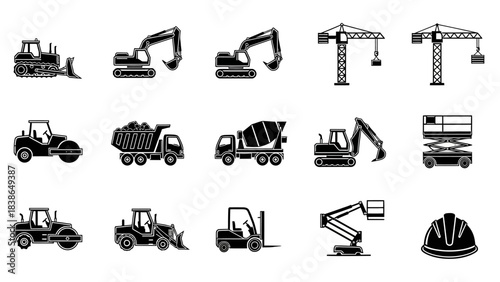 Essential heavy machinery and construction site equipment vector icons collection on a white