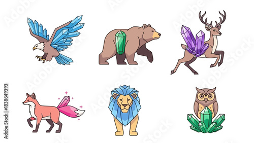 Fantasy Animal Crystal Spirit Guides Vector Illustration Set with Magical Geometric Gemstone