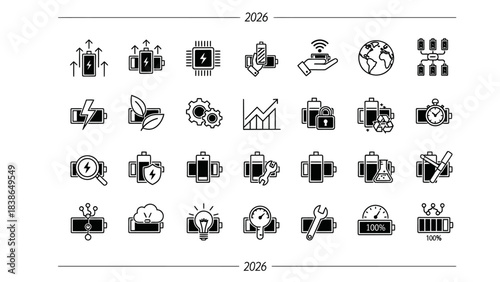 Modern collection of black and white battery technology and power management line icons