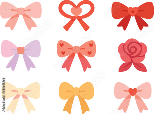 Bow icons flat set. featuring heart, ribbon, flower, gift, love, romantic, decorative, floral bows