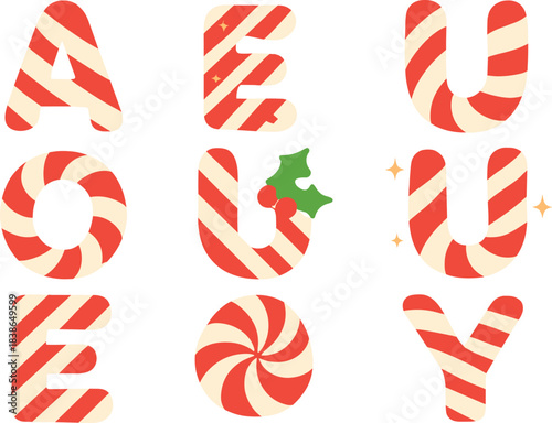 Christmas candy cane flat icon set. featuring letters a, e, o, u, y, and peppermint symbols