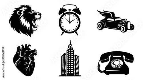 Vector icon assortment featuring a roaring lion, classic alarm clock, winged hot rod, human heart,
