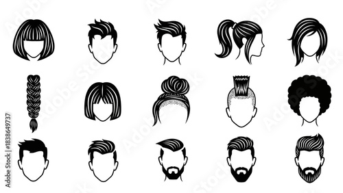 Variety of modern and classic hairstyles and beards for men and women minimalist icon set
