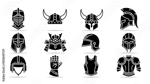 Vector icon set showcasing various historical and modern protective headwear and body armor designs