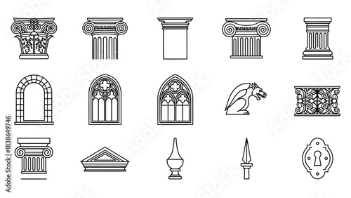 Vector line icons of classical and gothic architectural elements and decorative details on white