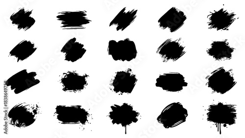 Versatile Collection of Black Grunge Brush Strokes and Ink Splatters for Artistic Design Elements