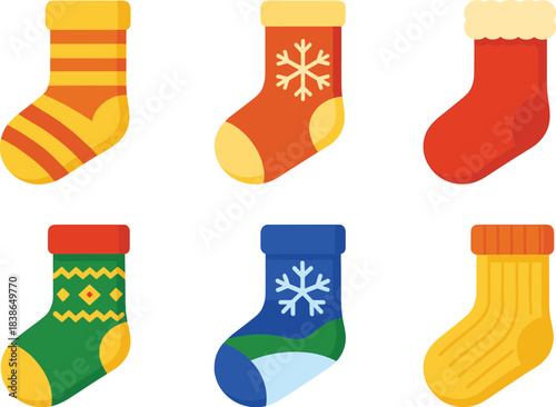 Christmas stocking flat icon set. featuring striped, snowflake, furry, holiday, colorful, and cozy designs