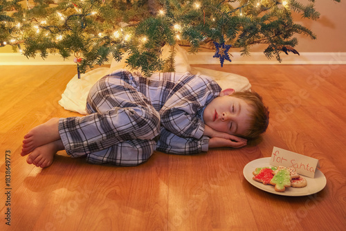 Young boy sleeping under the Christmas Tree by a plate of cookies waiting for Santa Claus