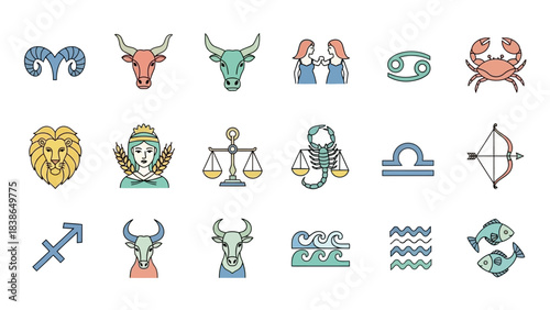 Vibrant Astrological Zodiac Signs Collection for Horoscope and Divination Minimalist Icon Set