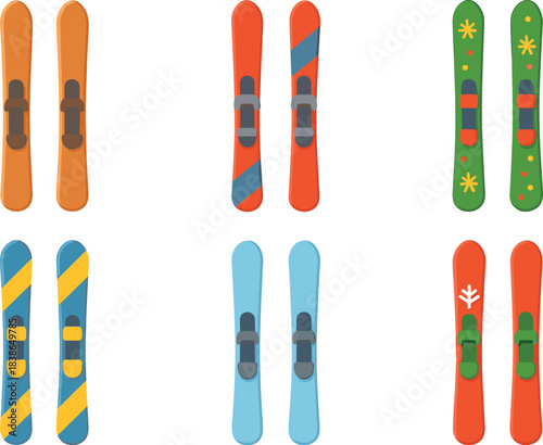 Winter sports flat icon set. featuring skis, snowboard, boots, goggles, helmet, and jacket symbols