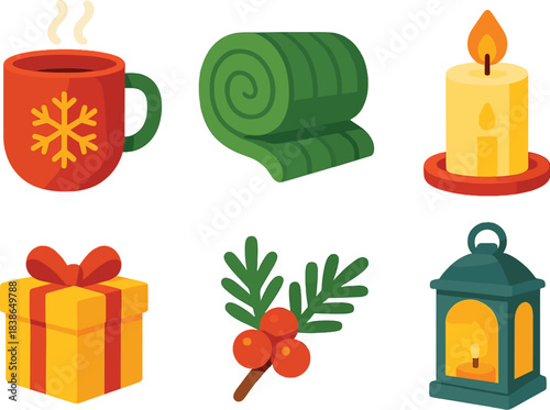 Winter holidays flat icon set. featuring coffee, blanket, candle, gift, holly, lantern symbols