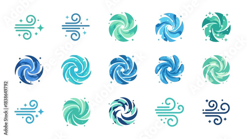 Vibrant collection of stylized wind and vortex icons in blue and green hues for design projects