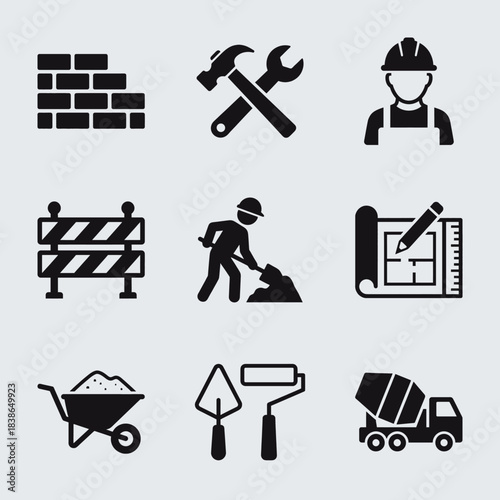 Construction and Building Icons Tools, Equipment, and Professionals