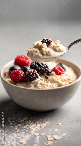 Spoon scooping creamy protein porridge with berries