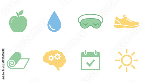 Healthy Lifestyle Icons Nutrition Sleep Fitness Mindfulness Planning and Wellness
