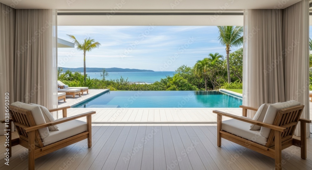 Fototapeta premium Luxurious Tropical Villa With Infinity Pool Overlooking The Ocean And Palm Trees