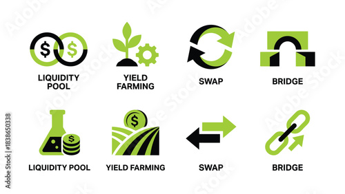 Decentralized Finance Icons Liquidity Pool Yield Farming Swap Bridge Concepts